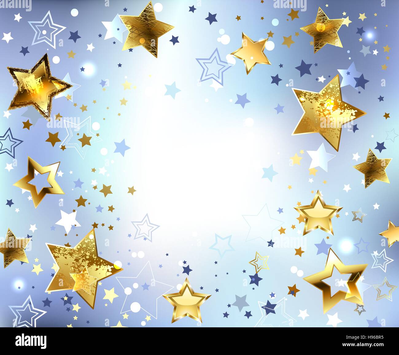Hellblau, abstrakt, Hintergrund mit goldenen Sternen. Entwerfen Sie mit Sternen. Goldener Stern. Stock Vektor