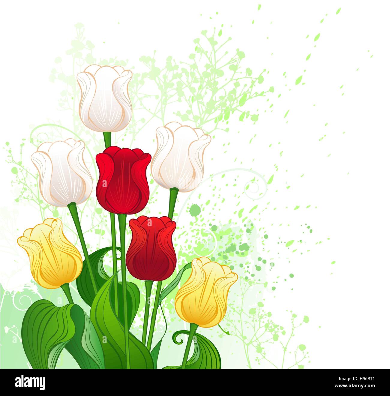 kunstvoll bemalte verziert ein Bouquet von sieben Tulpen, rot, gelb und weiß, mit Zierpflanzen und ein Tropfen grüne Farbe. Stock Vektor