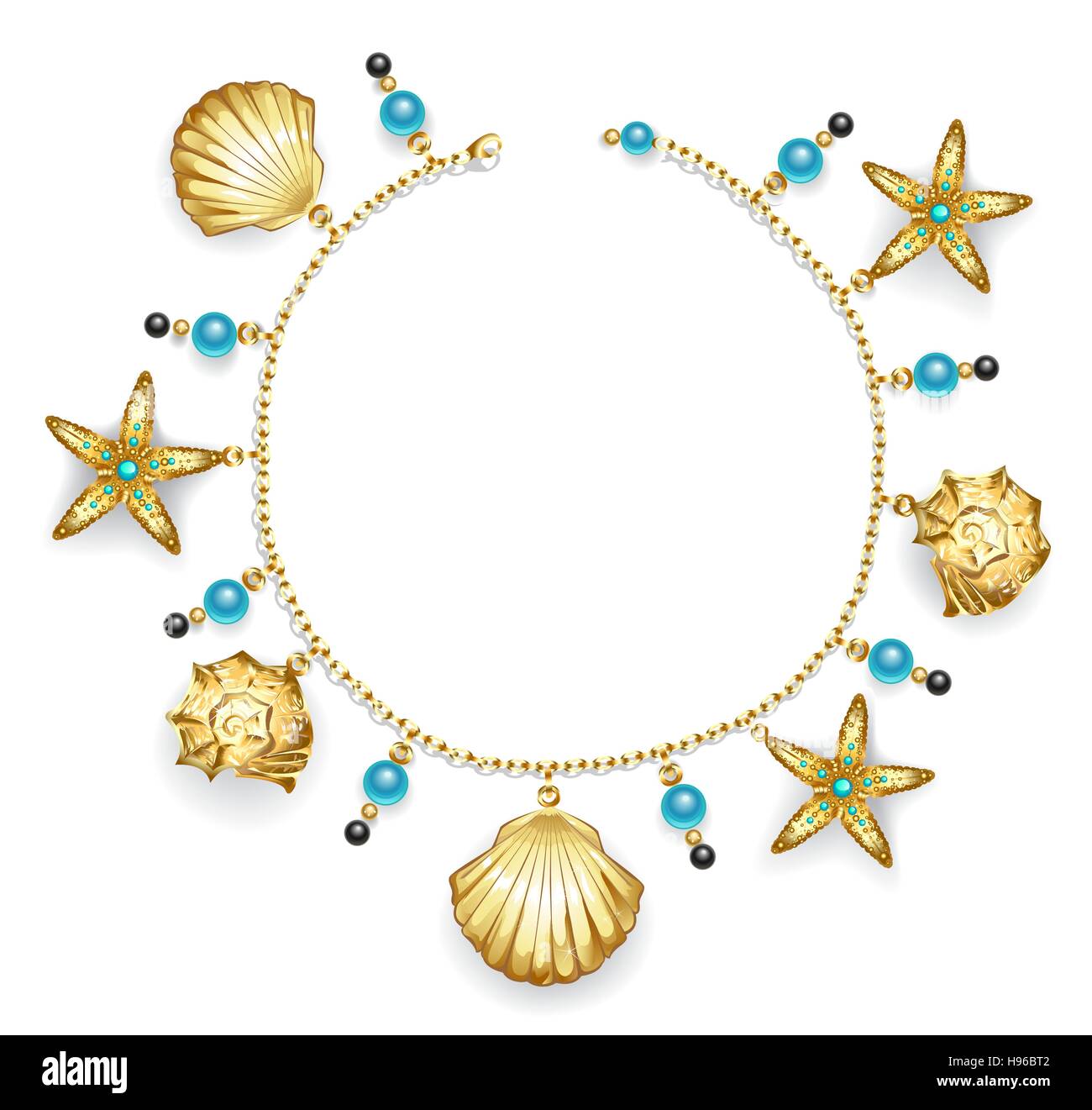 Erstellen Sie ein Armband gold Kette mit goldenen Muscheln, Seesterne und Türkis Perlen verziert. Stock Vektor