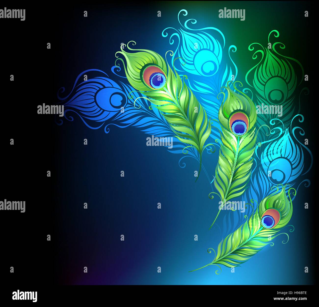 hellen Pfauenfedern auf einem schwarzen leuchtenden Hintergrund Stock Vektor