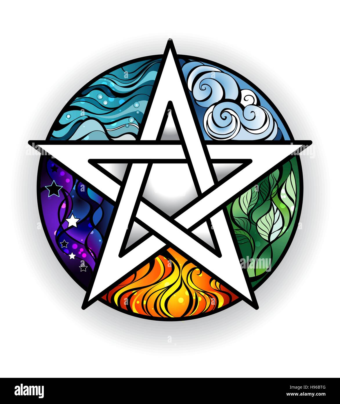 kunstvoll bemalte magische Pentagramm mit Elementen Wasser, Erde, Luft, Feuer, astral, auf einem weißen Hintergrund. Tattoo-Stil. Magisches Symbol. Stock Vektor
