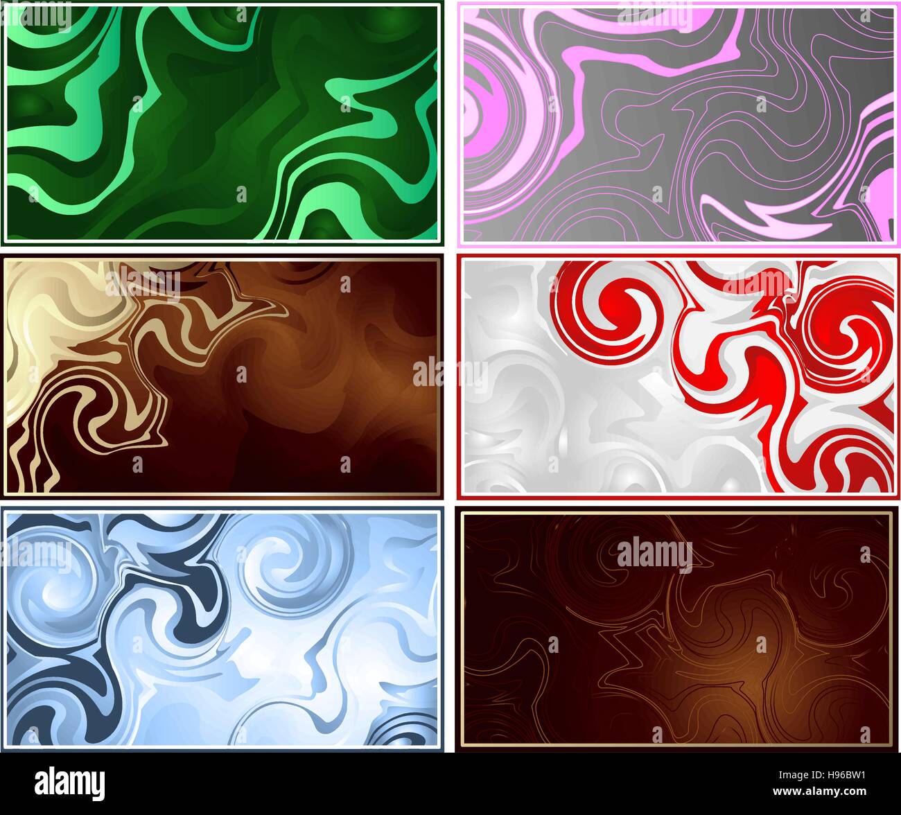 sechs Visitenkarten texturiert abstrakten Hintergrund, braun, blau, grün, rosa und grau. Stock Vektor