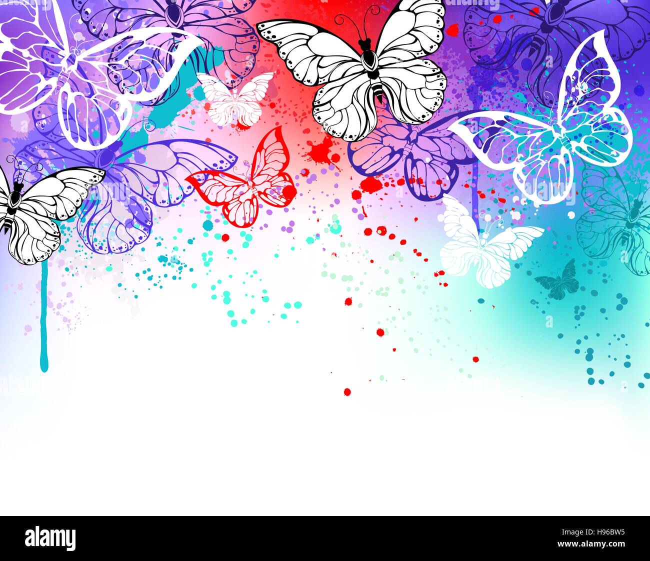 Fliegende Schmetterlinge vor dem Hintergrund der Kontur, Schatten rot, lila und Türkis Aquarellfarbe. Morpho. Stock Vektor