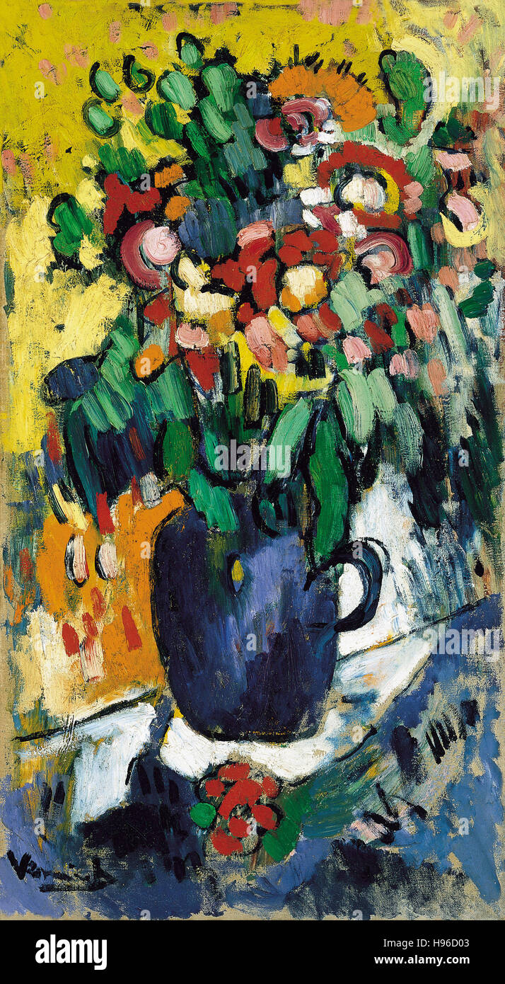 MAURICE DE VLAMINCK - blaue Vase mit Blumen- Stockfoto