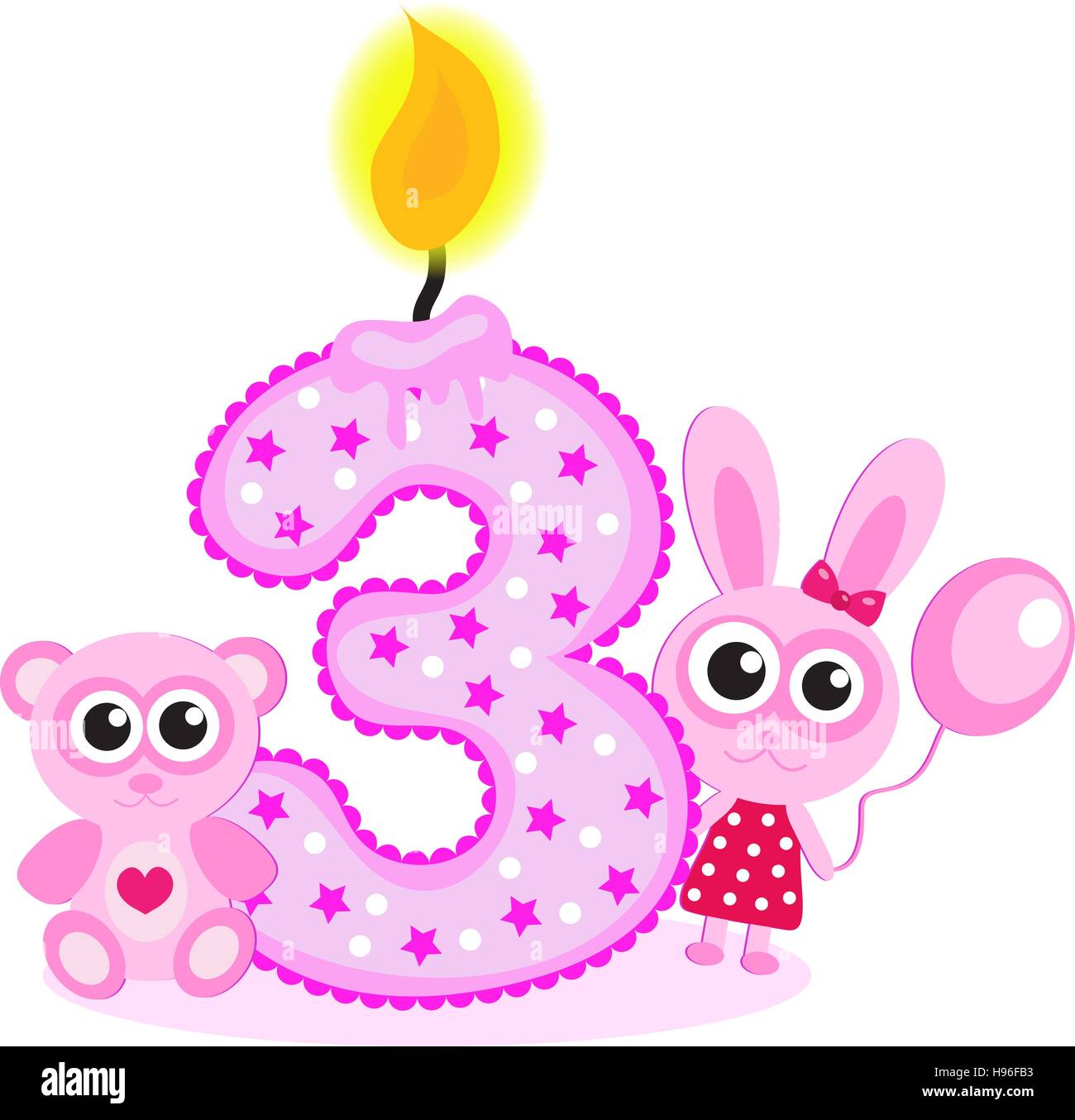 Glücklich dritten Geburtstag Kerze und Tiere isoliert auf weiß. Die Nummer drei. Die rosa Karte für Mädchen Stock Vektor