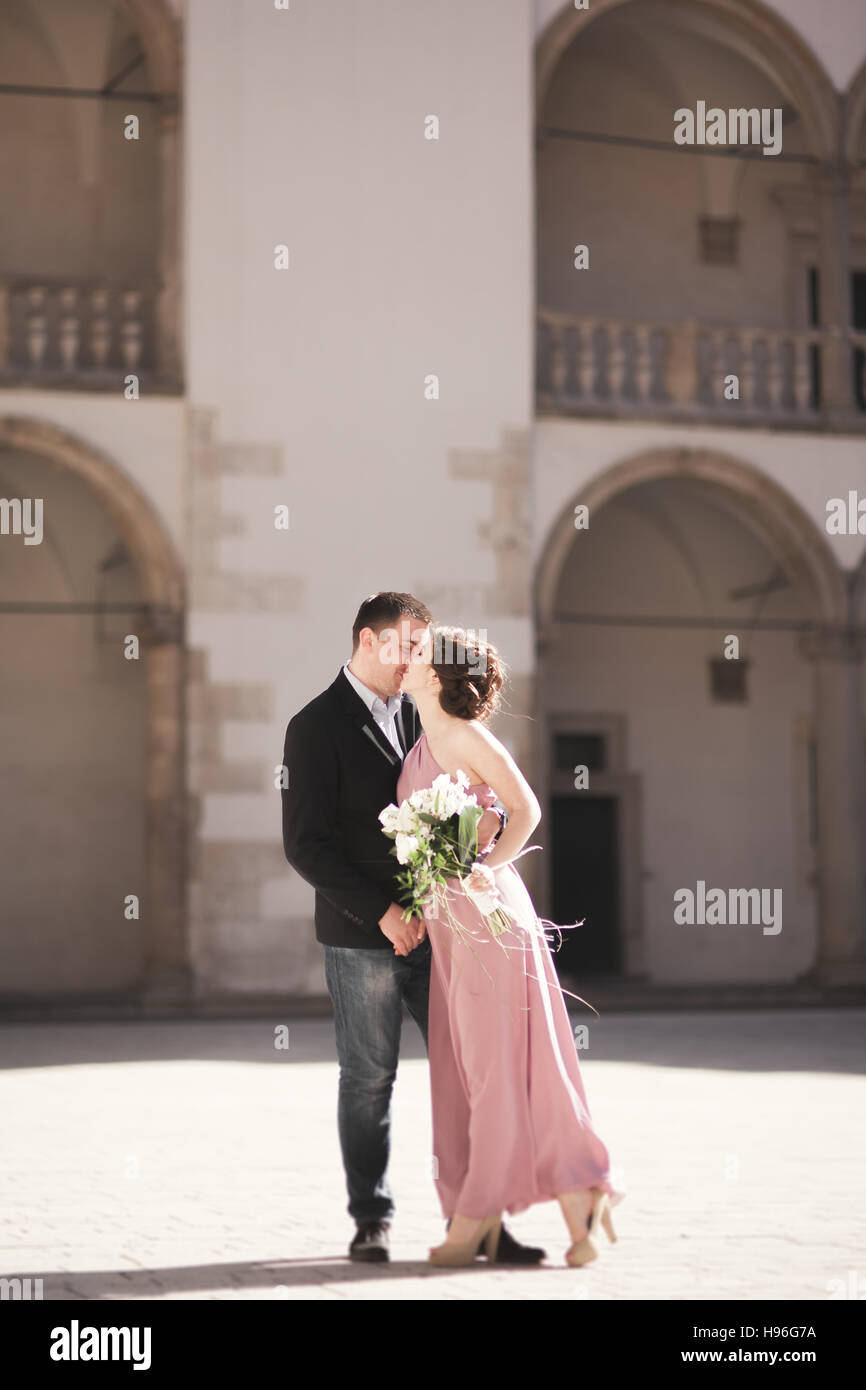 Schönes paar, Mann, Mädchen mit langen rosa Kleid posiert in der alten Burg in der Nähe von Spalten. Krakauer Vavel Stockfoto