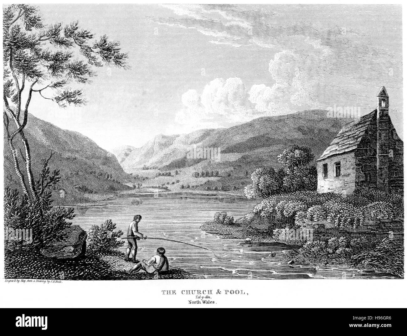 Eine Gravur der Kirche & Pool, Tal y Elin (Tal y Lyn), Nordwales mit hoher Auflösung aus einem Buch gescannt gedruckt im Jahre 1812. Stockfoto