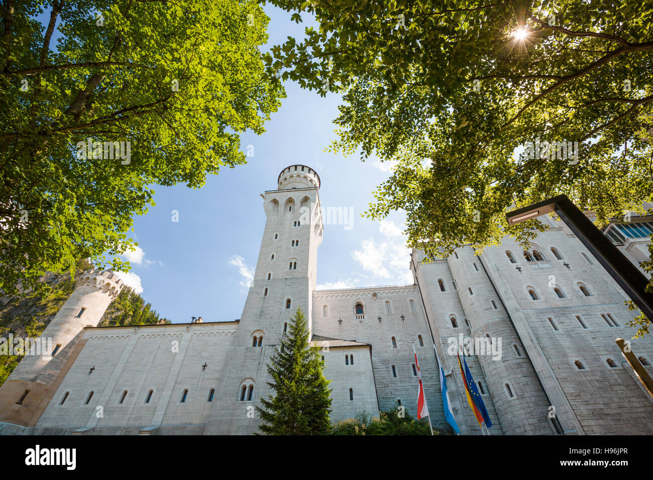 Nahaufnahme von Schloss Neuschwanstein mit Bäumen, Österreich Stockfoto
