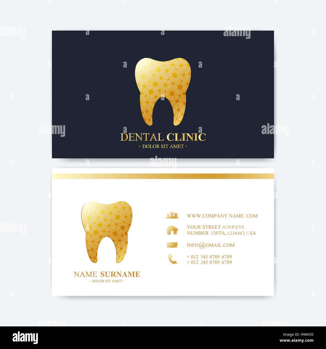 Premium Visitenkarten Druckvorlage Zahnklinik Visitenkarte Mit Zahn Logo Zahnarzt Office Mund Und Zahnpflege Zahn Implantate Medical Design Golden Stock Vektorgrafik Alamy