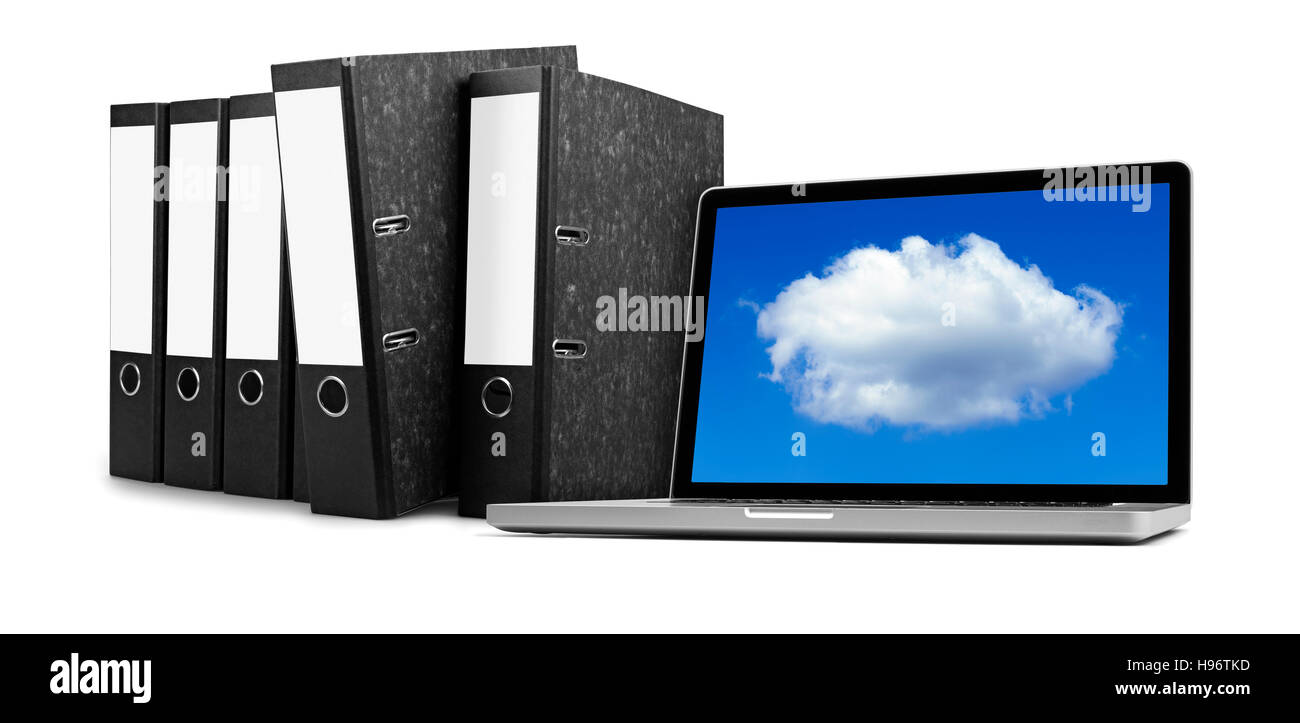 Ringbücher und Laptop-Datenbank und Cloud-computing-Konzept Stockfoto