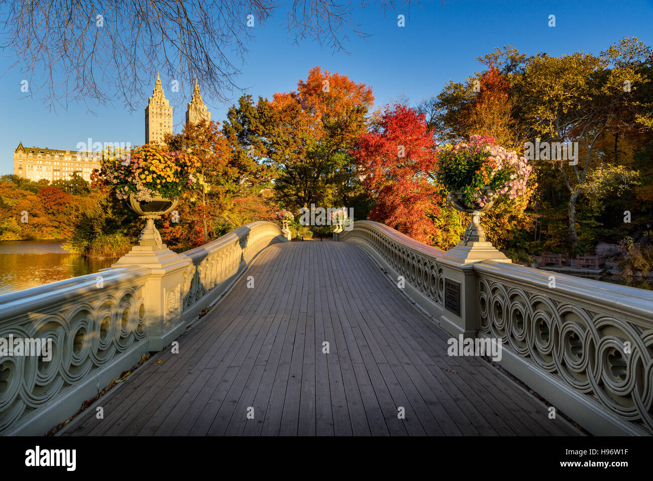Fallen Sie im Central Park am See mit der Bogenbrücke. Sonnenaufgang mit bunten Herbstlaub. Upper West Side in New York City Stockfoto