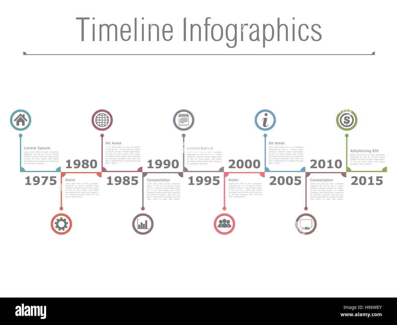 Horizontale Zeitachse Infografiken mit Text, Datumsangaben und Symbole Stockfoto