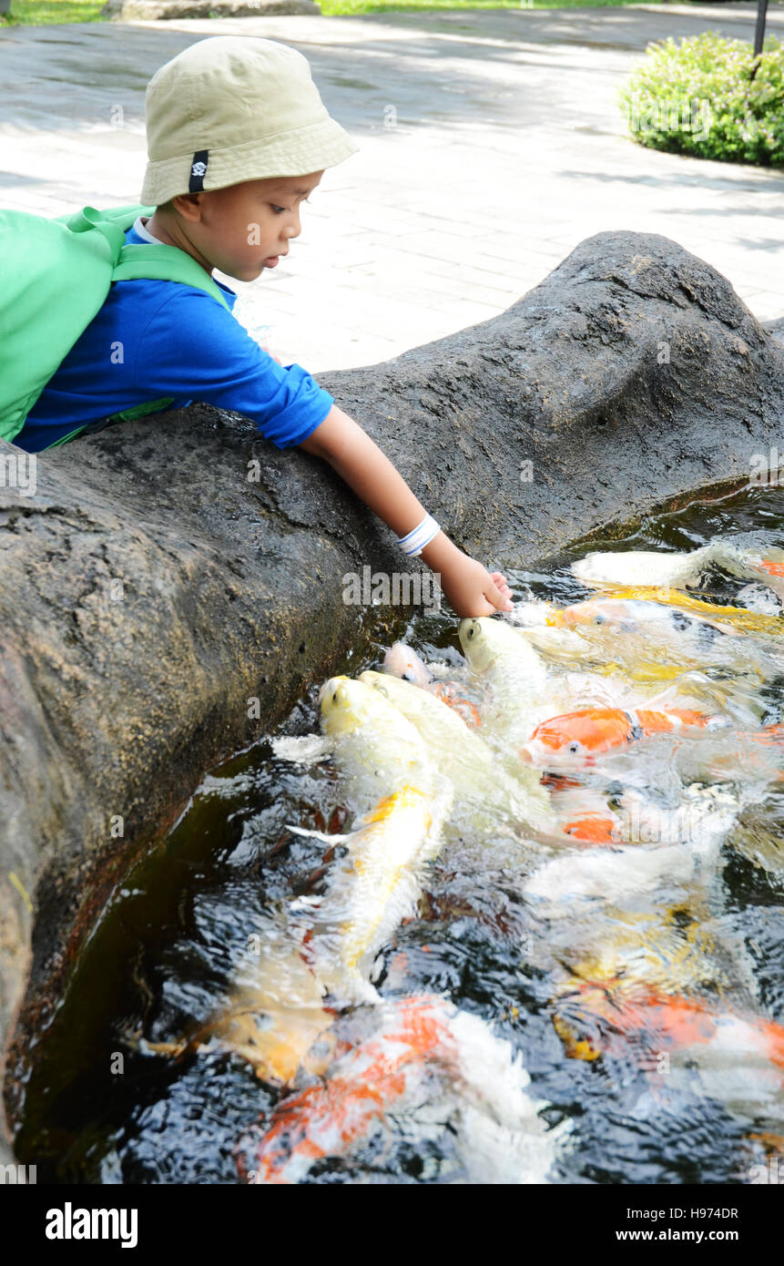 Kind füttern Fische bei Batu Zoo, Malang, Ost-Java, Indonesien Stockfoto