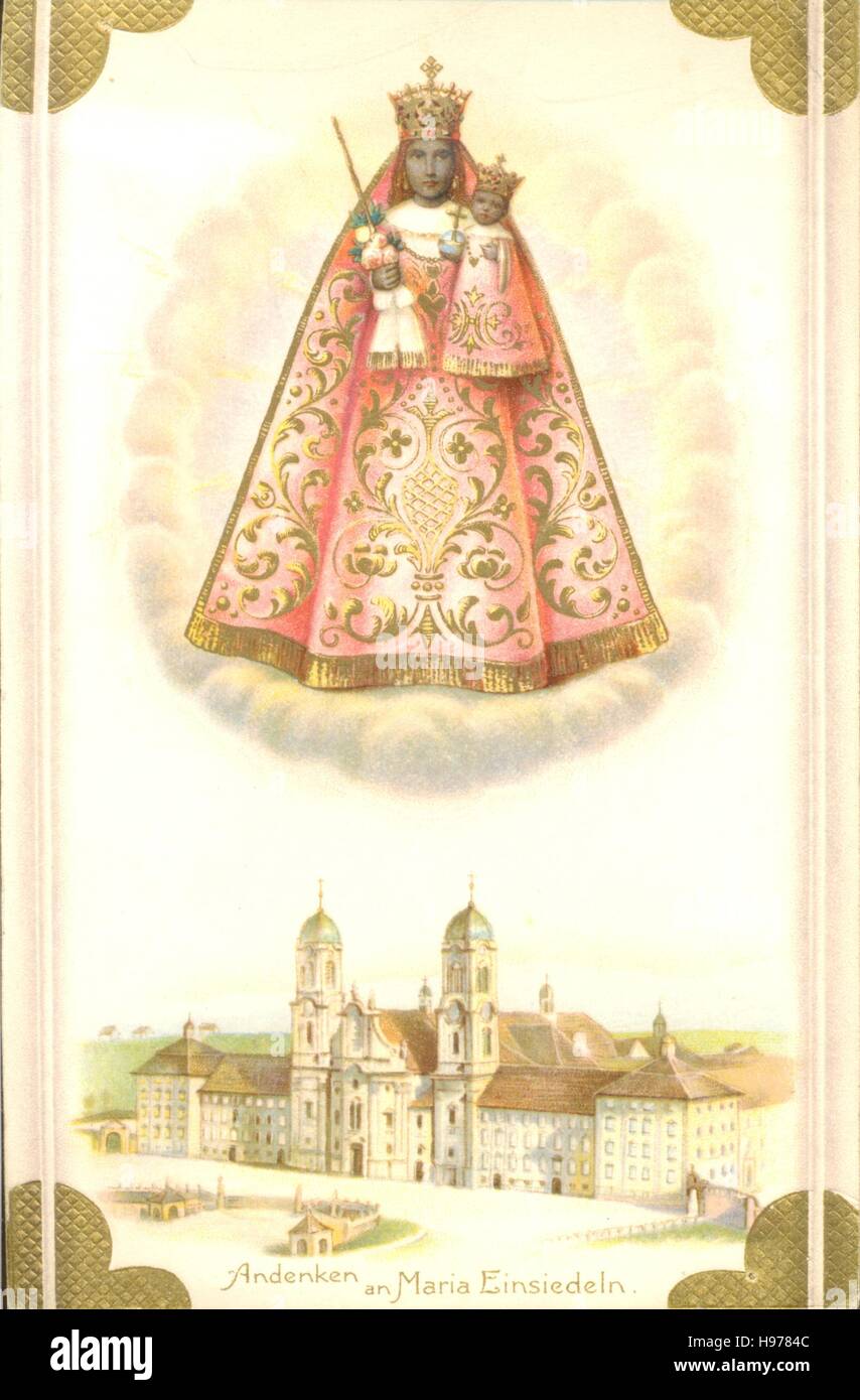 Chromolithographed Souvenir Postkarte der schwarzen Madonna an das Benediktiner-Kloster Stockfoto