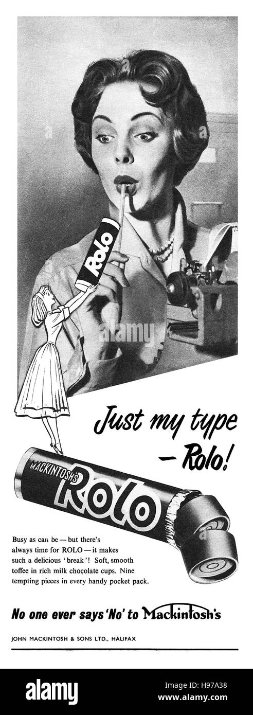 1954 britische Werbung für Mackintoshs Rolo Süßigkeiten Stockfoto