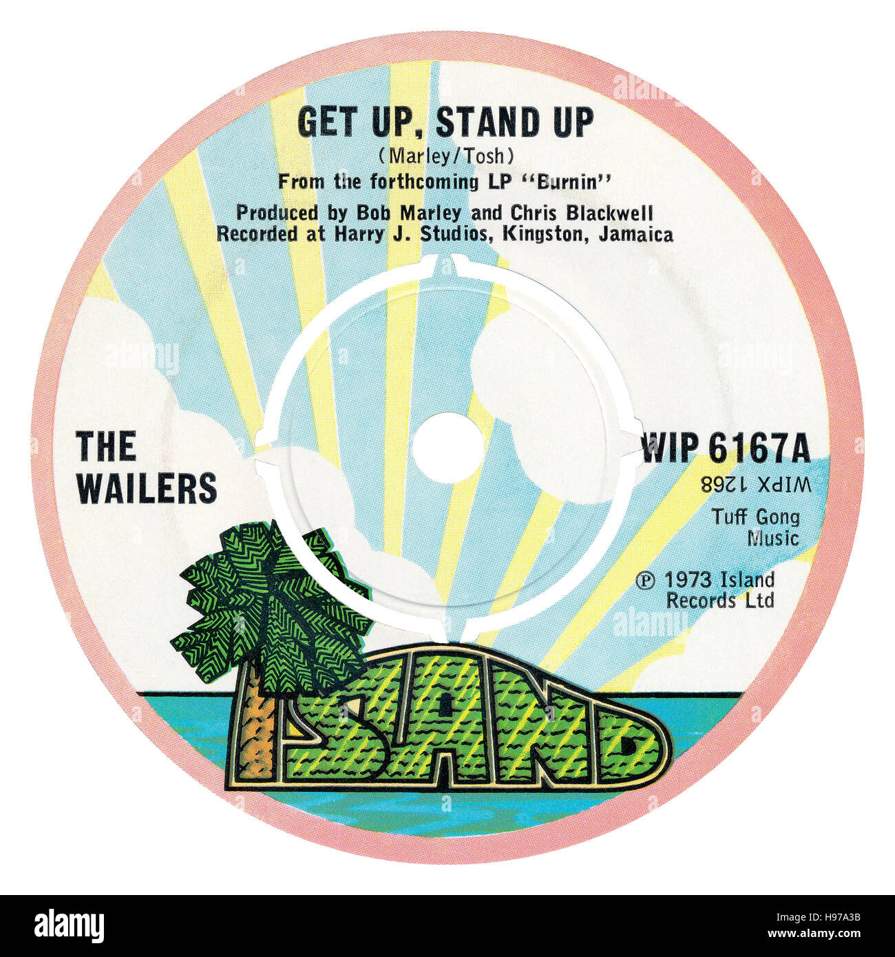 45 u/min 7' UK Plattenlabel der Get Up, Stand Up von (Bob Marley und) die Wailers auf dem Insel-Etikett von 1973 Stockfoto