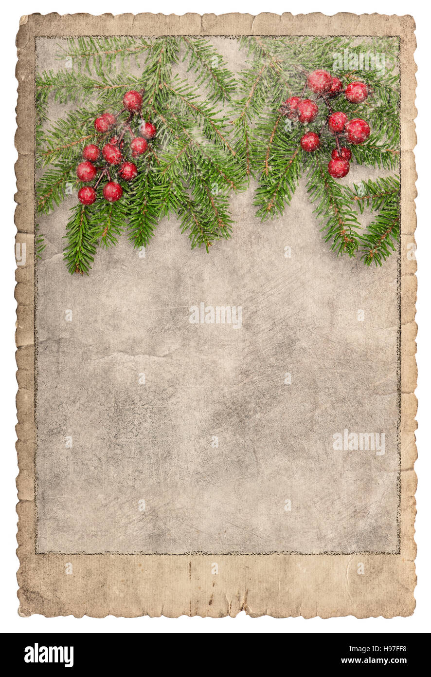 Weihnachtskarte von Vintage-Stil. Rahmen für Fotos und Bilder. Verwendete Papier isoliert auf weißem Hintergrund Stockfoto