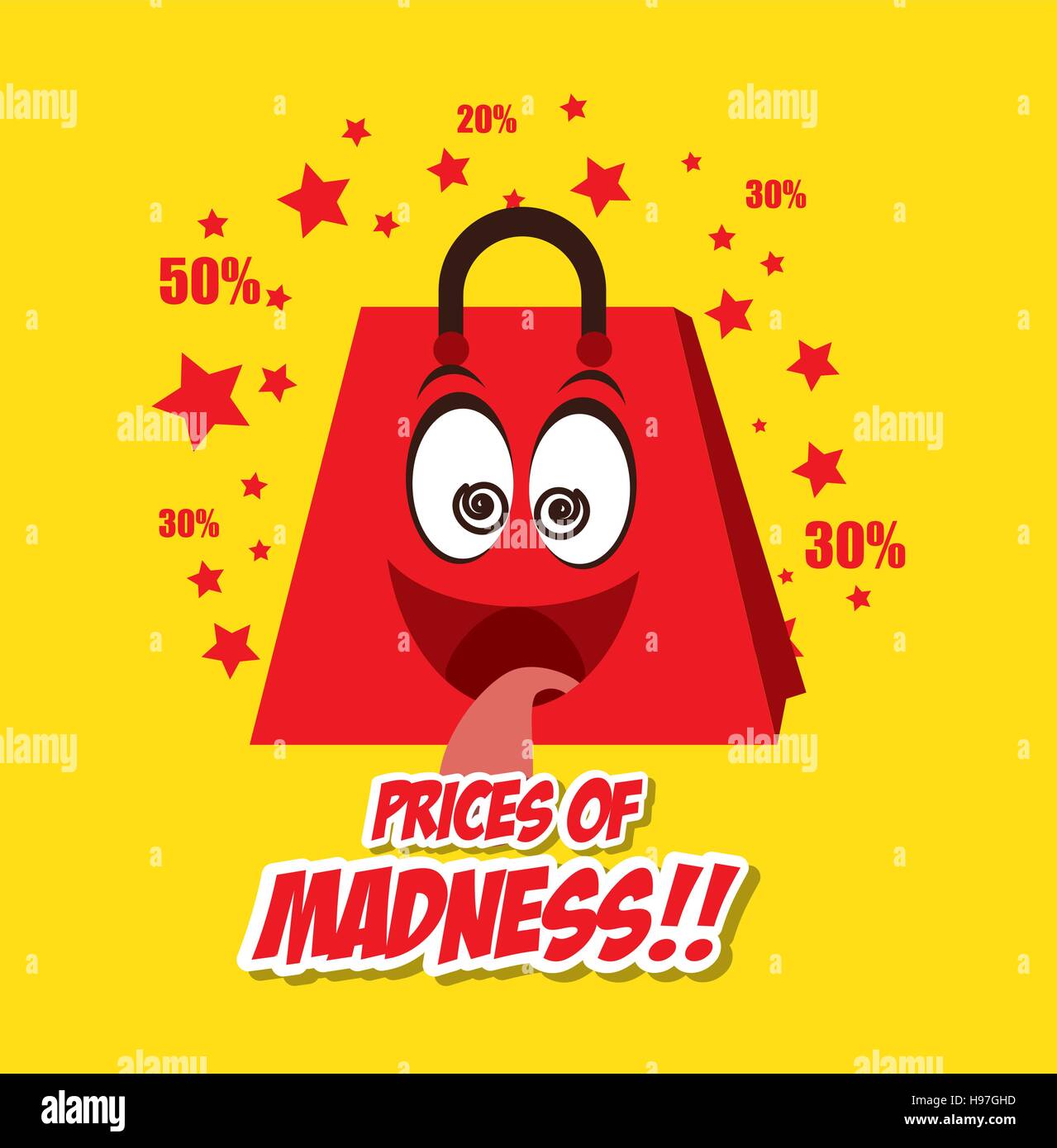 Cartoon-Tasche Geschenk Preise Wahnsinn Sterne gelben Hintergrund Vektor Illustration Eps 10 Stock Vektor