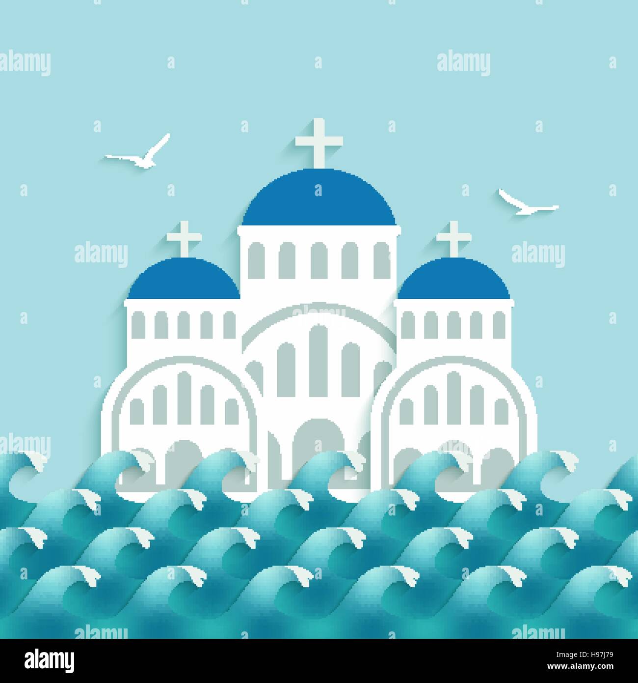 Weiße griechische Kirche in der Nähe von Blau des Meeres. Vektor-Illustration - Eps 10 Stock Vektor