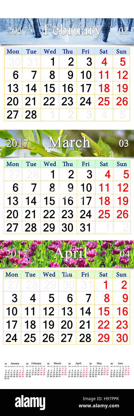 Wandkalender für Februar März und April 2017 mit Bildern der Natur Stockfoto