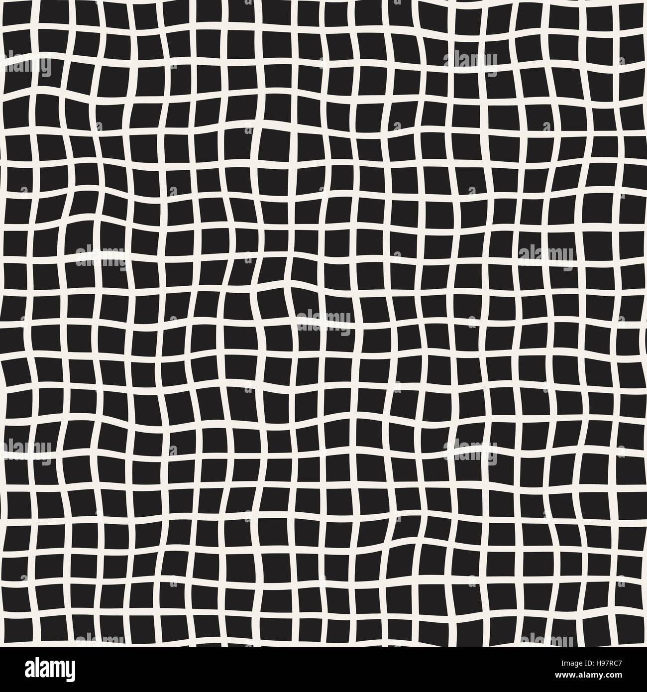 Wellig Hand gezeichnete Linien Quadrat Raster. Vektormuster nahtlos schwarz und weiß. Stock Vektor
