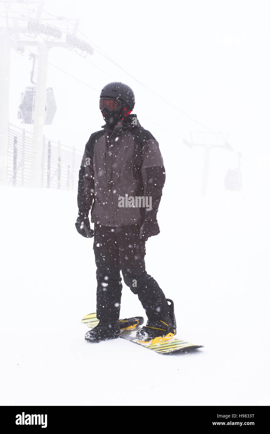 Ein Snowboarder steht im oberen Bereich ein Skiberg mit einer Gondel schwach sichtbar durch den Schnee Stockfoto
