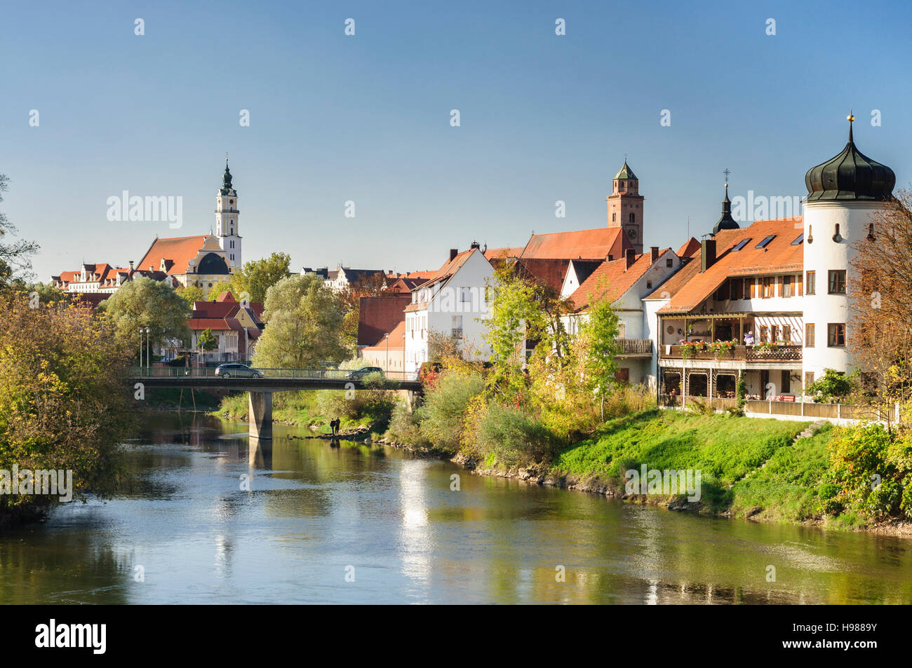 Donauwörth: Fluss Wörnitz mit Heiligen-Kreuz-Kloster, Kirche, Liebfrauenmünster, Schwaben, Swabia, Bayern, Bayern, Deutschland Stockfoto