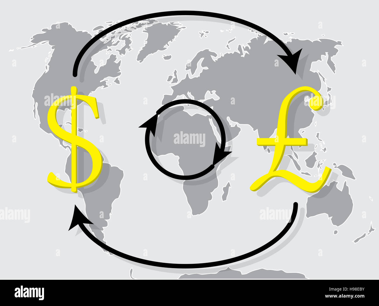 Währung Austausch Pfund Dollar auf Welt Kartenhintergrund. Exchange-Symbol Handel, Geld Wechselkurs. Vektor-illustration Stockfoto