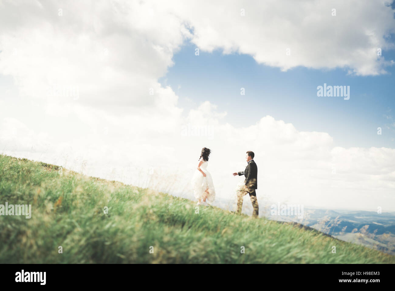 Schöne fabelhafte glückliche Brautpaar stilvolle posiert auf dem Hintergrund der sonnigen atemberaubende Berge Stockfoto