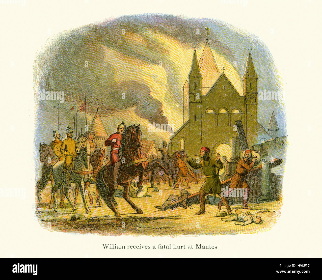 König William des Eroberers erhalten eine tödliche Wunde bei Mantes. Im Jahre 1087 in Frankreich brannte William Mantes 50 km westlich von Paris, belagerte die Stadt. Howeve Stockfoto