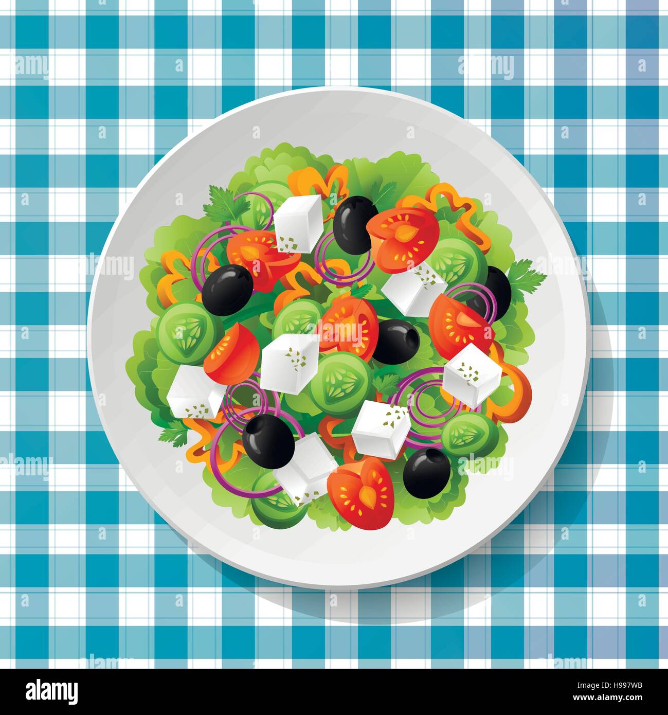 Griechischer Salat mit frischen leckeren Tomaten, Feta-Käse, schwarze Oliven, Gurken, Paprika, Basilikum, Oregano und Petersilie auf weißen Teller am blau-Pfingstmontag Stock Vektor