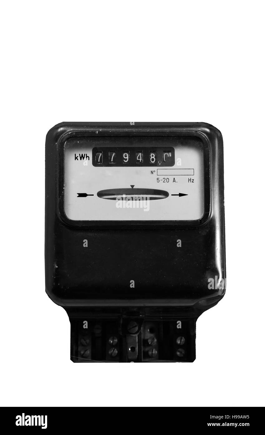 elektromechanische Stromzähler mit weißem Hintergrund Stockfoto