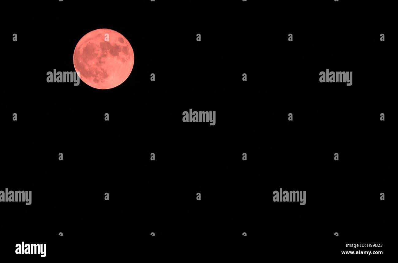 rote große Mond in den dunklen Himmel an einem Abend im winter Stockfoto