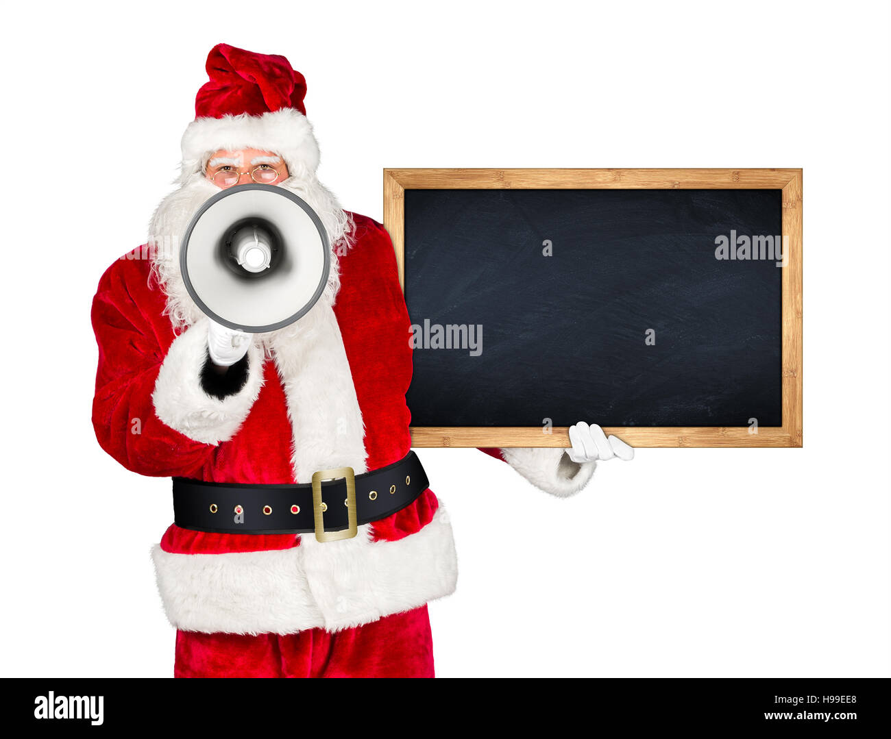 traditionelle klassische rote weiße Weihnachtsmann machen, schreien laut Ankündigung mit Megafon Megaphon hölzerne Tafel in der anderen Hand isoliert auf wh Stockfoto
