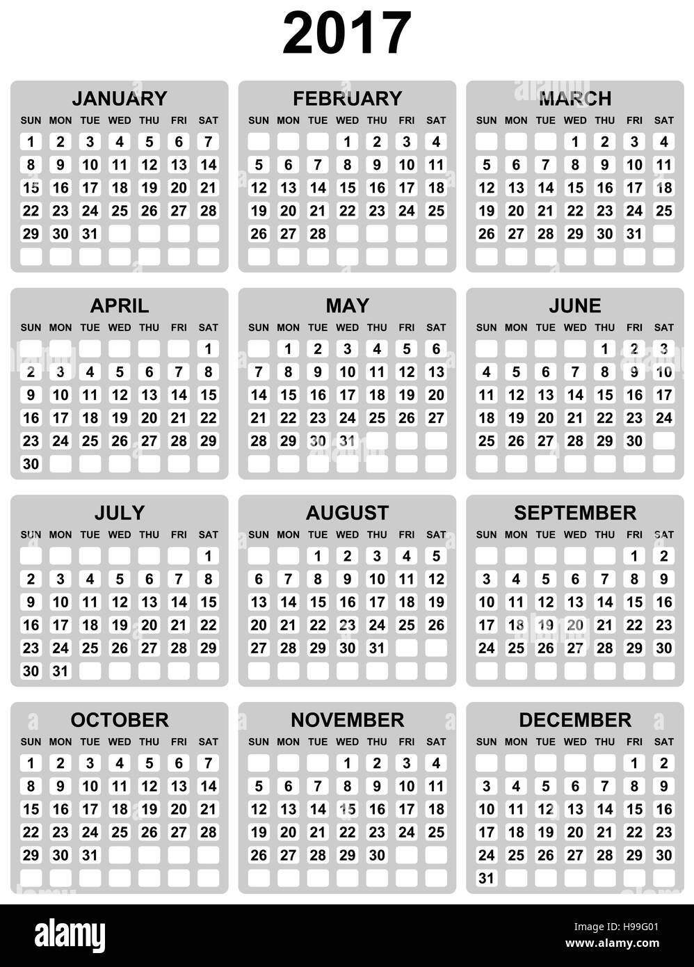 Einfach bearbeitbar 2017 Vektor Kalender Sonntag zuerst Stock Vektor