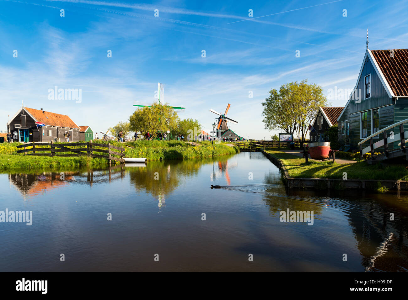 Landschaft mit traditionellen holländischen Windmühlen und Häuser in der Nähe des Kanals in Zaanse Schans, Niederlande, Europa Stockfoto