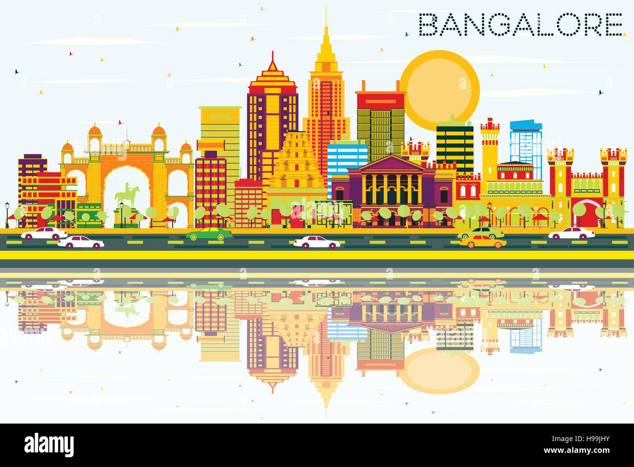 Skyline von Bangalore mit Farbe Gebäude, blauer Himmel und Reflexionen. Vektor-Illustration. Geschäftsreisen und Tourismus-Konzept mit historischer Architektur. Stock Vektor