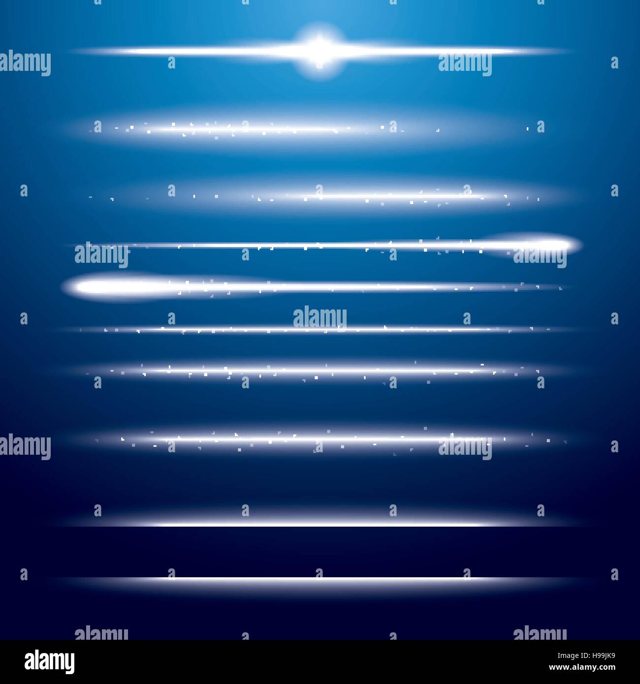 Satz von Neon-Lens-Flares auf blauem Hintergrund. Vektor-Illustration. Stock Vektor