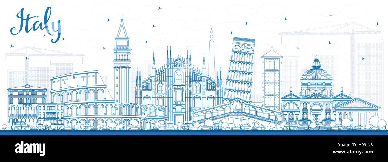 Übersicht Italien Skyline mit blauen Wahrzeichen. Vektor-Illustration. Geschäftsreisen und Tourismus-Konzept mit historischer Architektur. Bild für die Präsentation Stock Vektor