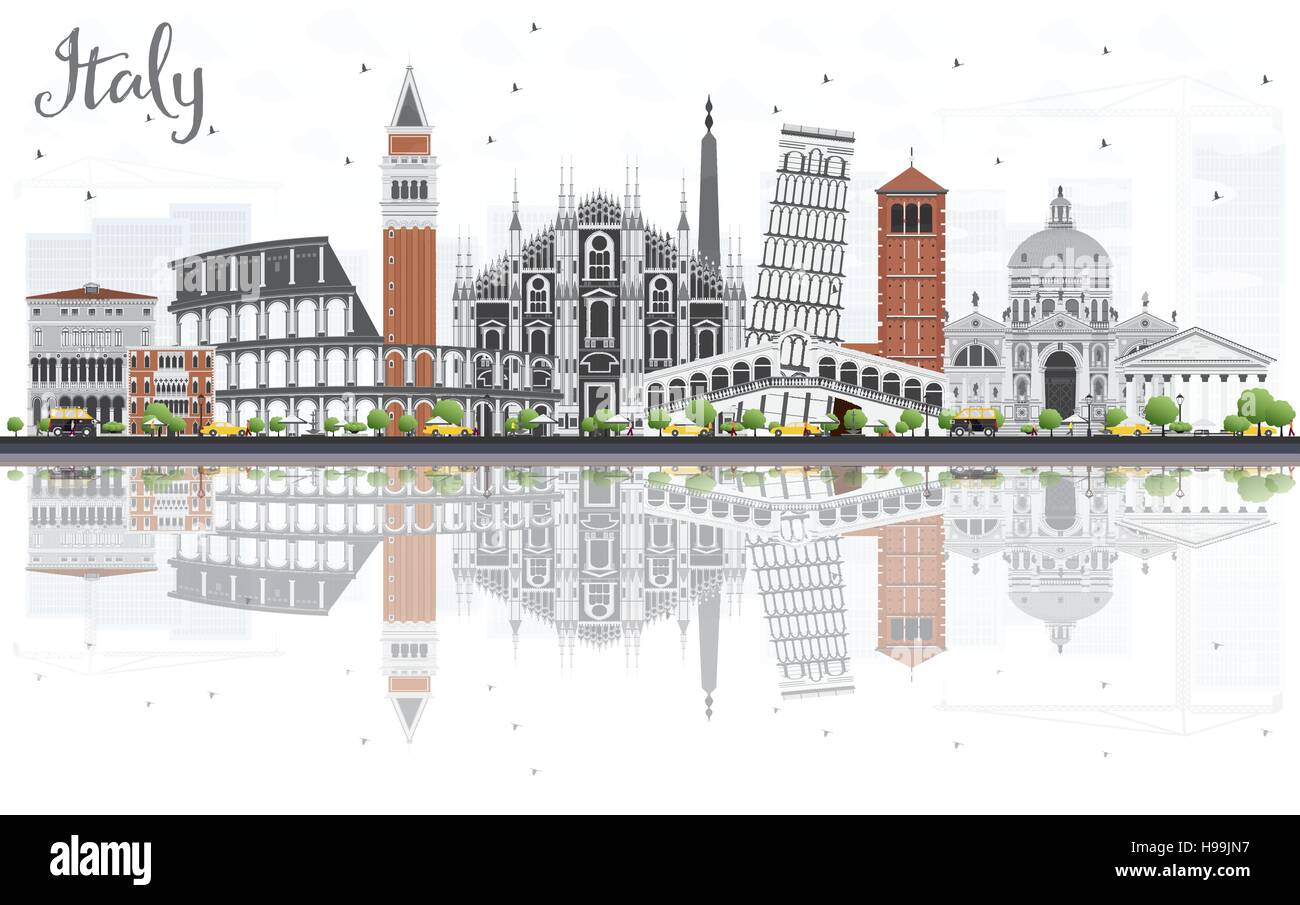 Italien-Skyline mit Sehenswürdigkeiten und Reflexionen. Vektor-Illustration. Geschäftsreisen und Tourismus-Konzept mit historischer Architektur. Stock Vektor