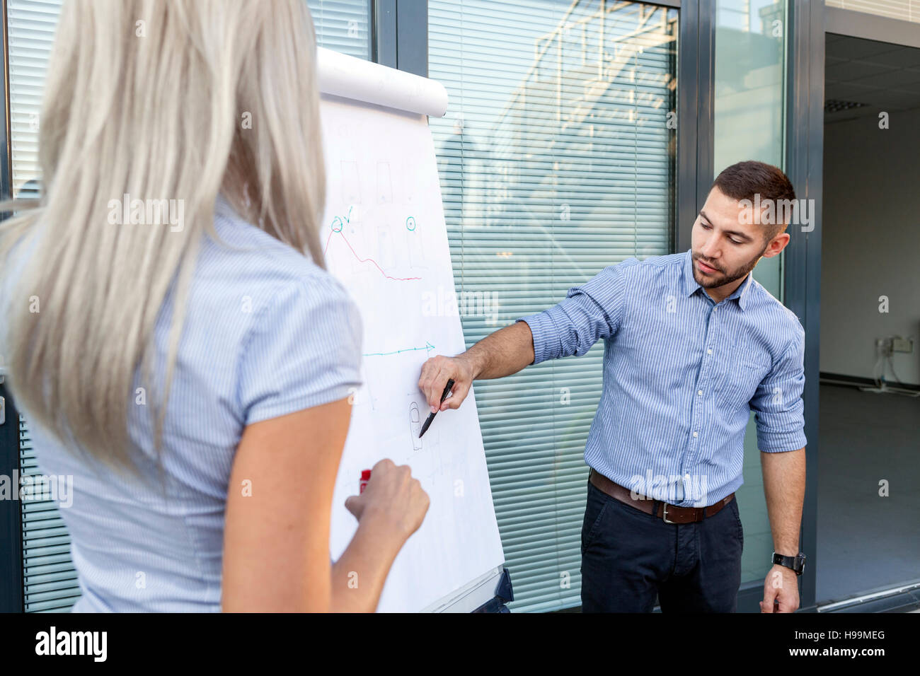Geschäftsleute, die Datenauswertung zusammen auf flipchart Stockfoto