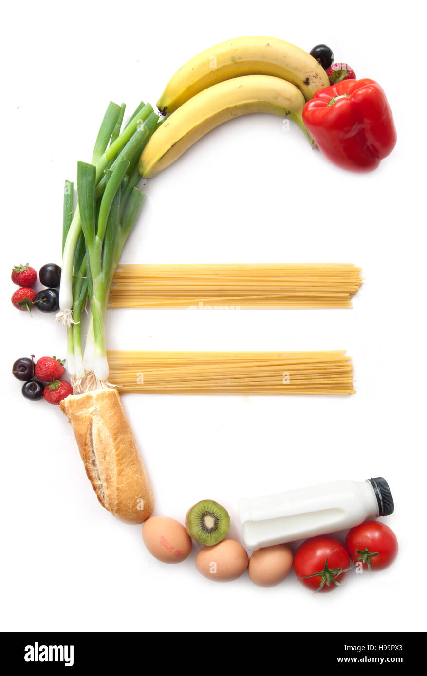 Euro-Währung-Zeichen hergestellt aus Essen Lebensmittel auf einem weißen Hintergrund Stockfoto