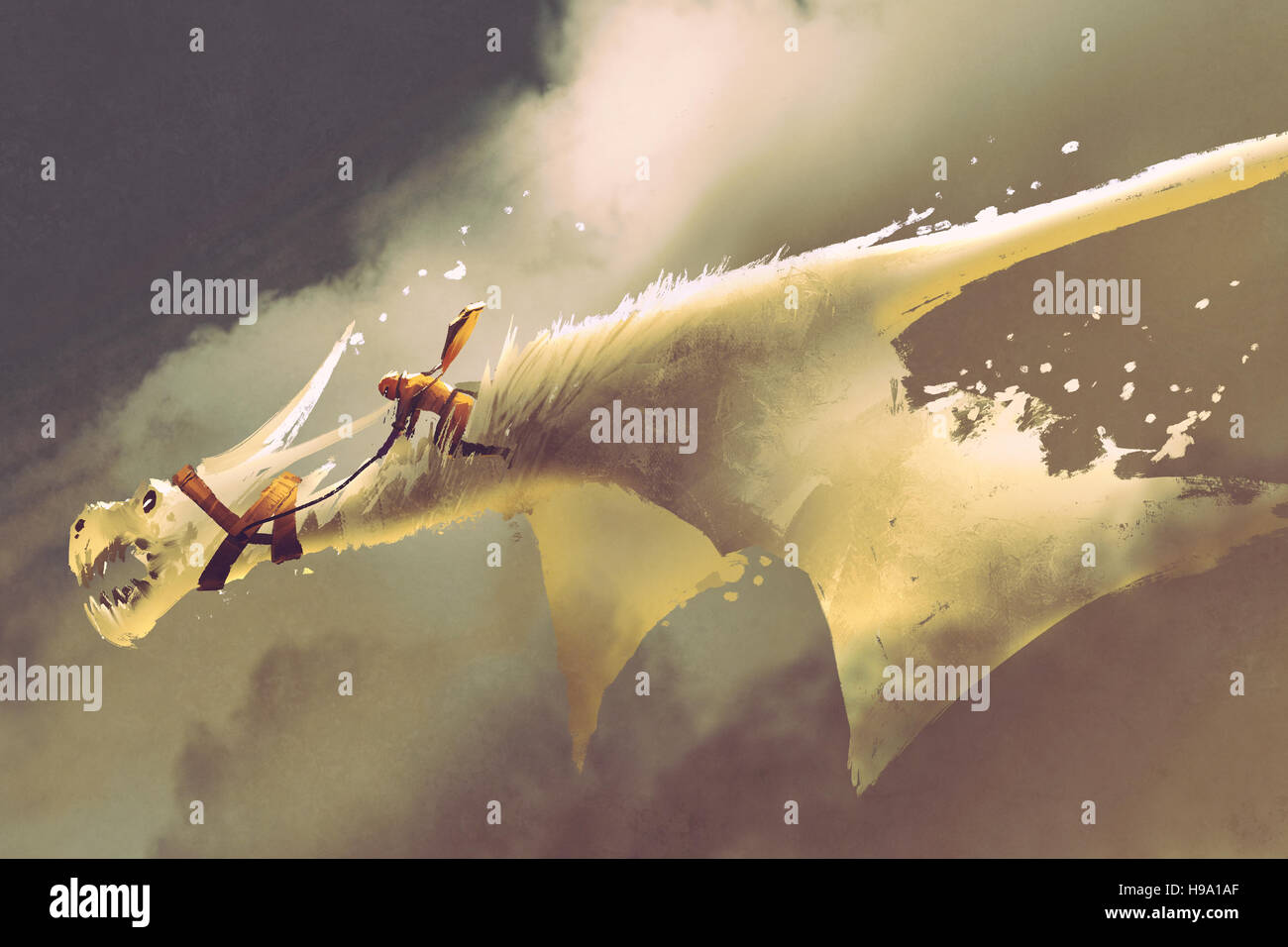 Mann reitet auf den weißen fliegenden Drachen gegen einen bewölkten Himmel, Illustration, Malerei Stockfoto