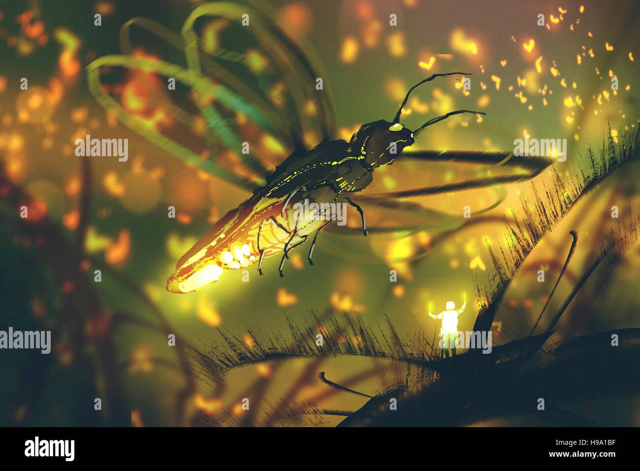kleiner Mann Regie riesige Glühwürmchen in einem nächtlichen Wald, Illustration, Malerei Stockfoto