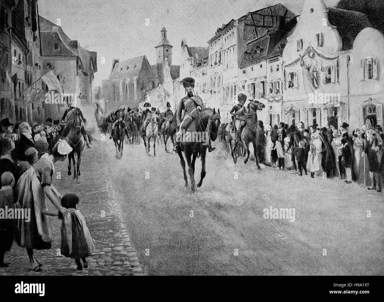 Napoleon geht durch eine Stadt, die historische Abbildung Stockfoto