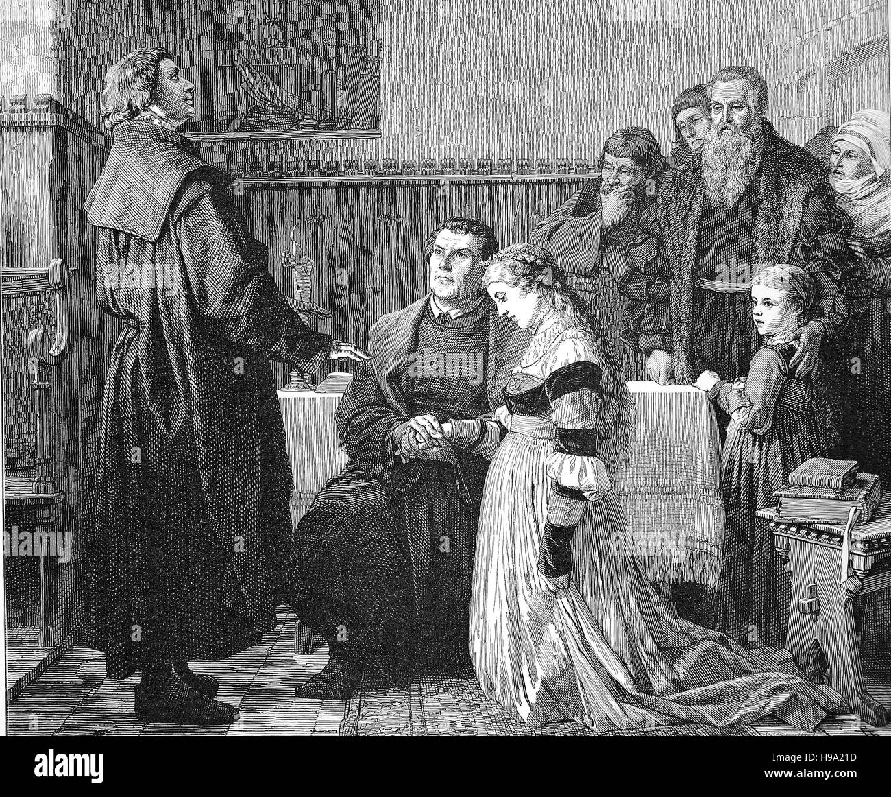 Martin Luther, seine Hochzeit. Ehe mit Katharina von Bora, historische Abbildung Stockfoto