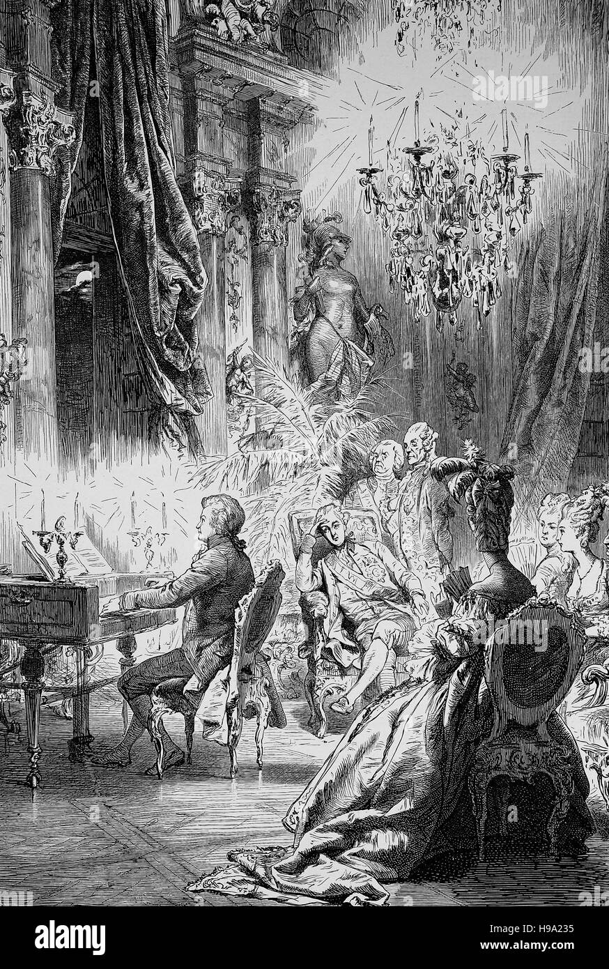 27. Januar 1756 - 5. Dezember 1791 Wolfgang Amadeus Mozart und Joseph II Joseph Benedikt Anton Michael Adam, 13. März 1741 - 20. Februar 1790 wurde Heiliger römischer Kaiser, historische Abbildung Stockfoto