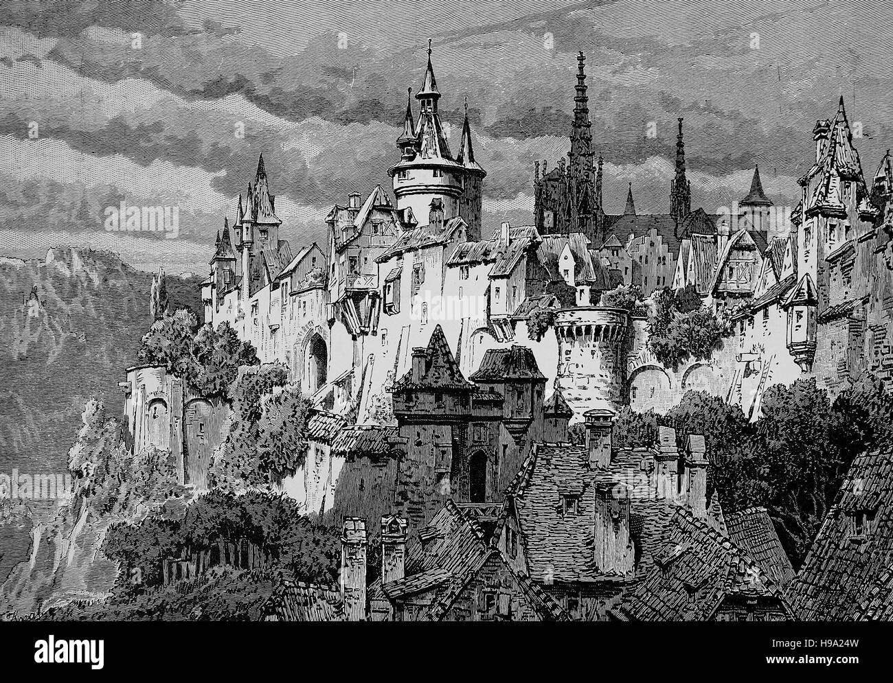 Typische Stadtmauer in einer mittelalterlichen Stadt, die historische Abbildung Stockfoto