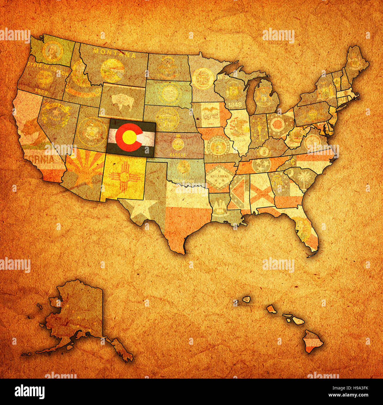 Colorado auf alte Vintage Karte der Usa mit Staatsgrenzen Stockfotografie - Alamy