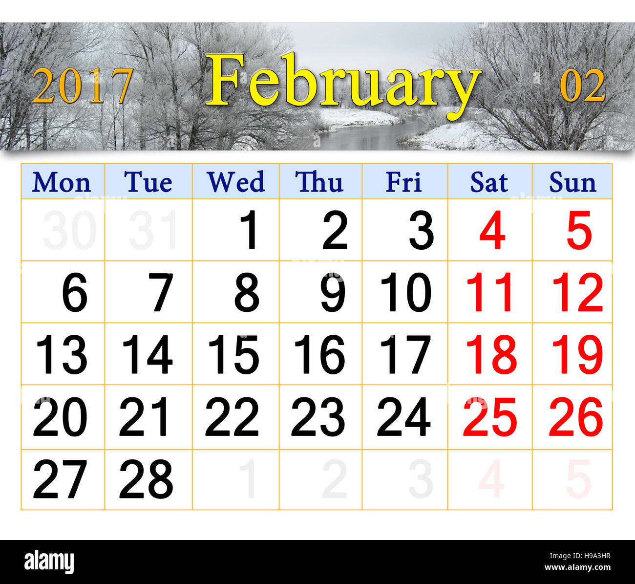 Kalender Februar 2017 mit Winter Fluss. Kalender für das Drucken und verwenden im Büroalltag. Stockfoto